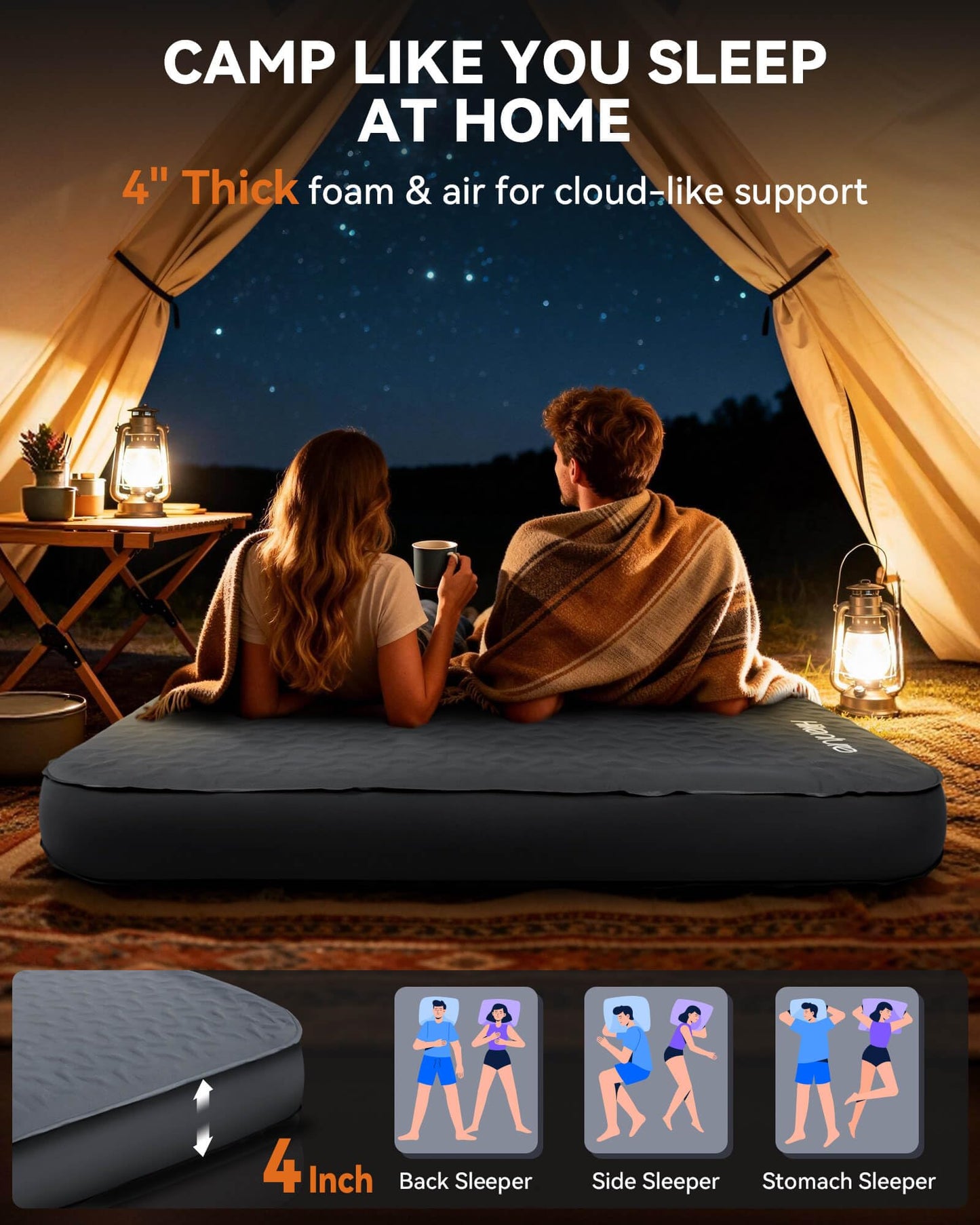 Hikenture 4" Thick Self Inflating Sleeping Pad with Electric Pump, Foam & Air Camping Mattress 2 Person, 9.5 R-Value Insulated Sleeping Mat, Portable Double Camping Pad for Tent, Car, Truck