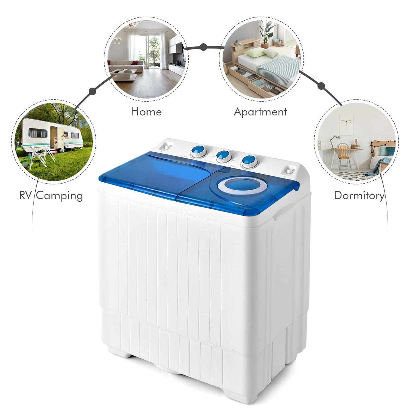 COSTWAY Portable Washing Machine, Twin Tub 26lbs Capacity Laundry Washer, 18lbs Washer and 8lbs Spinner Combo with Timer Knobs, Built-in Drain Pump, Compact Washer for Home Dorm Apartment, Blue+White