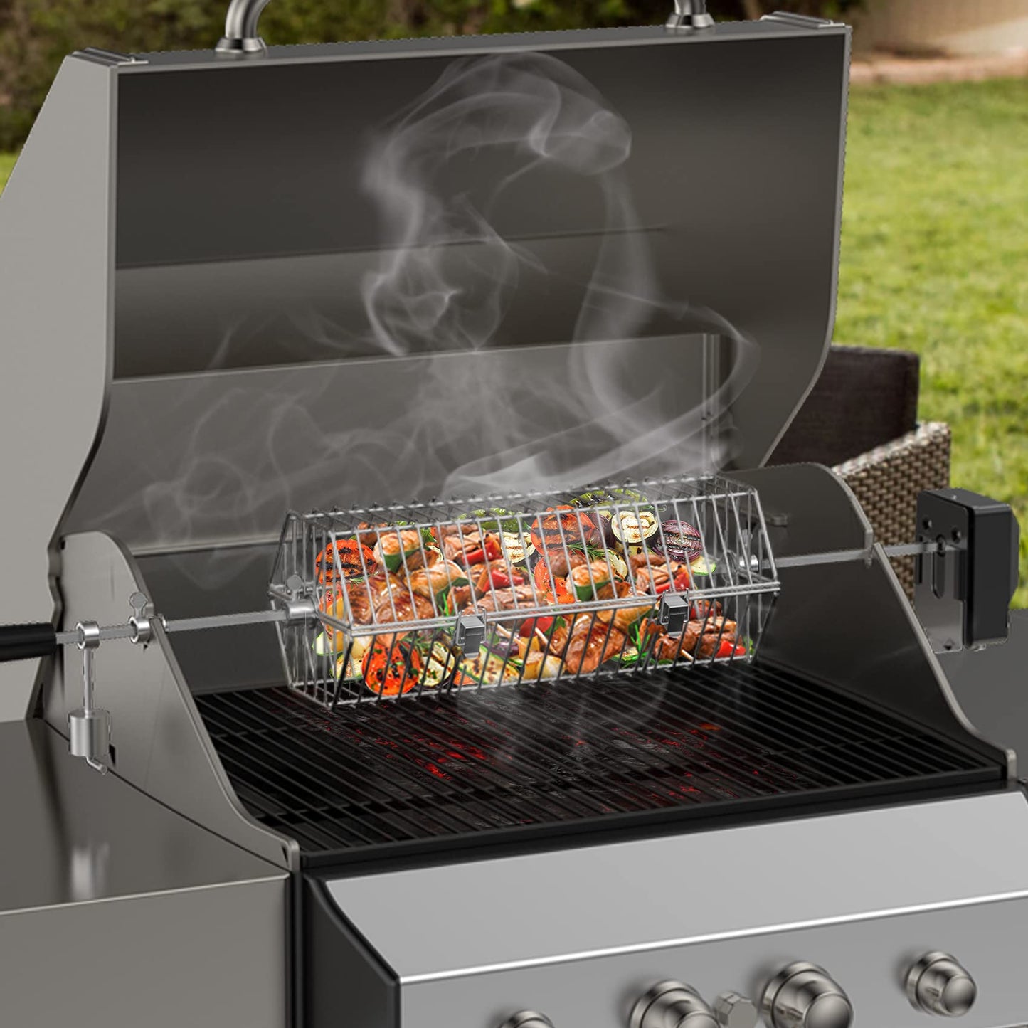 Charkettle Rotisserie Ring Kit and Stainless Steel Round Tumble Rotisserie Grill Basket