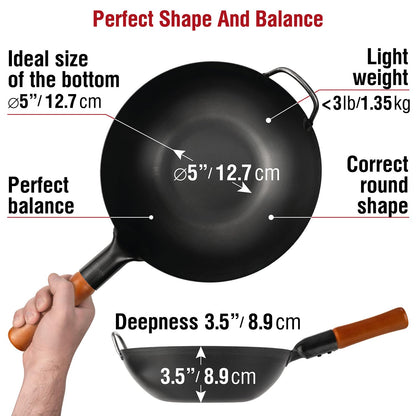 YOSUKATA Carbon Steel Wok Pan11.8 in + 17" Wok Spatula and Ladle and Turner + Reusable Natural Wooden Long Cooking Chopsticks Set of 3 pairs