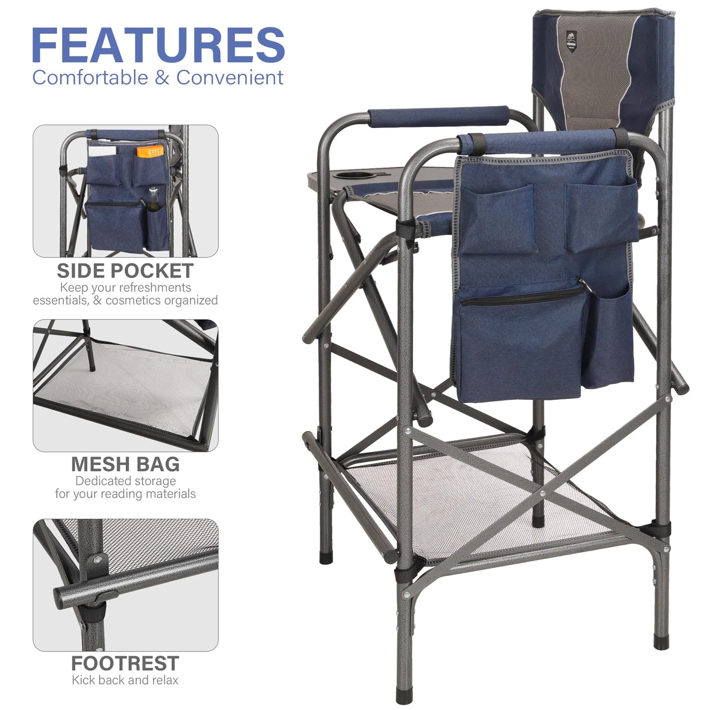 LANMONTAIN Folding Tall Director Chairs,30.7'' Seat High Makeup Solan Chairs,Portable Camping Chair w/Side Table Functional Pocket and Footrest,Comfy Bar Stool Heavy Duty Supports 350 Lbs,Blue