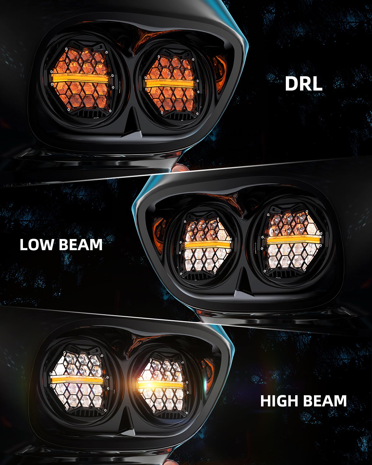 LX-LIGHT DOT Approved 270° LED Dual Headlight with High Low Beam Amber DRL Compatible with Road Glide 2003-2014, Black