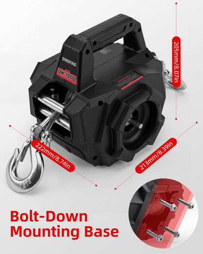 SINOKING 1500 LB Portable Winch, Drill Winch with Universal Drill Fitment, 40 ft Synthetic Rope, Free-Spool Clutch, 360° Swivel Hook for ATV, Farm, Rescue and Trailer Use