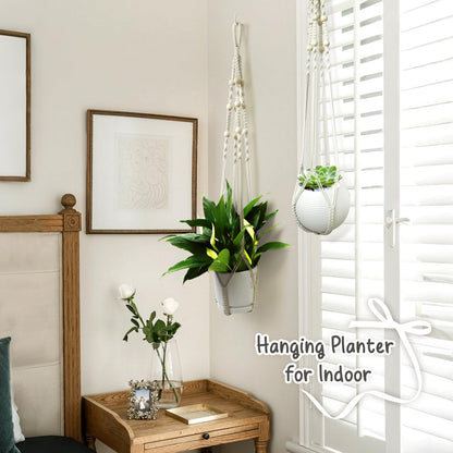 FGSAEOR Macrame Plant Holder Basket, Hanging 3-15 inch Pot, Bearing 20lb Planters, 35 Inches Extra Long Strong Boho Home Indoor Outdoor Décor (2-Pack) (Ivory)