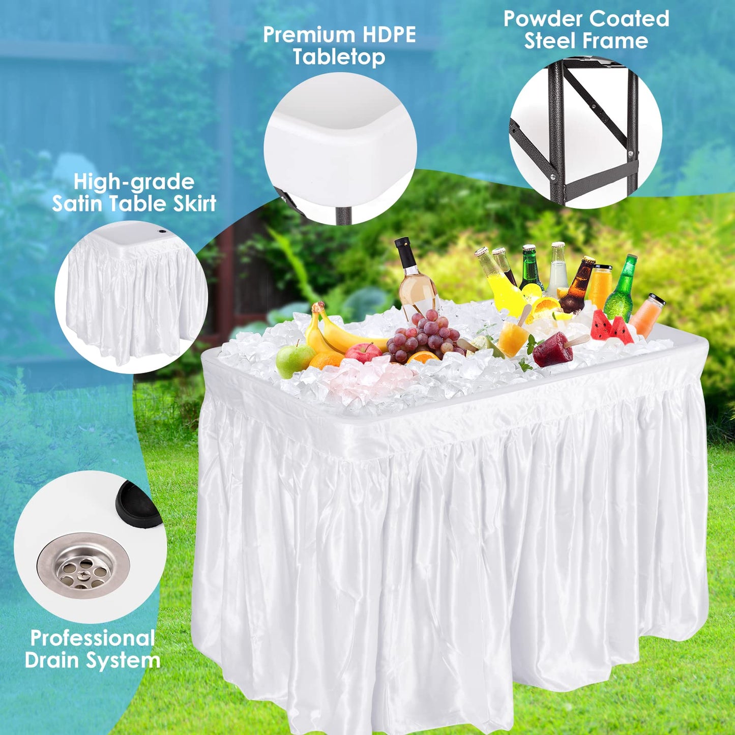 4 Foot Ice Cooler Table, Folding Buffet Cold Food Keeper w/Removable Matching Skirt & Drain Plug, Portable Patio Outdoor Chilling Table, Cooler Server for Party, Picnic, Camping, Wedding, BBQ