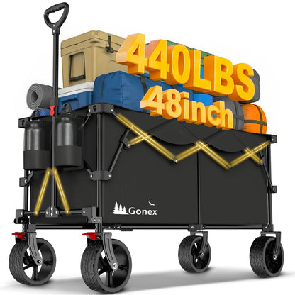 Gonex 48''L Collapsible Foldable Heavy Duty Oversized Wagon with 440lbs Weight Capacity, 300L Folding Large Utility Garden Grocery Shopping Cart with 8" H All-Terrain Wheels & 2 Drink Holders - Black