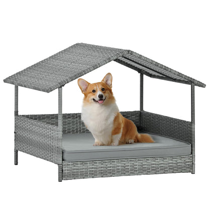 Lyromix Wicker Dog House with Canopy, 32" Outdoor Elevated Rattan Dog Bed with Water-Resistant Soft Cushion, Large Outside Raised Dog Shelter for Small, Medium Dogs, Gray