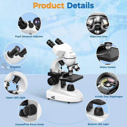 MAXLAPTER Binocular Microscope for Adults and Kids: 40X-1000X Professional Compound Microscope with Slides and Dual Mechanical Stage - Kit for Children Students Beginners Lab Homeschool Education