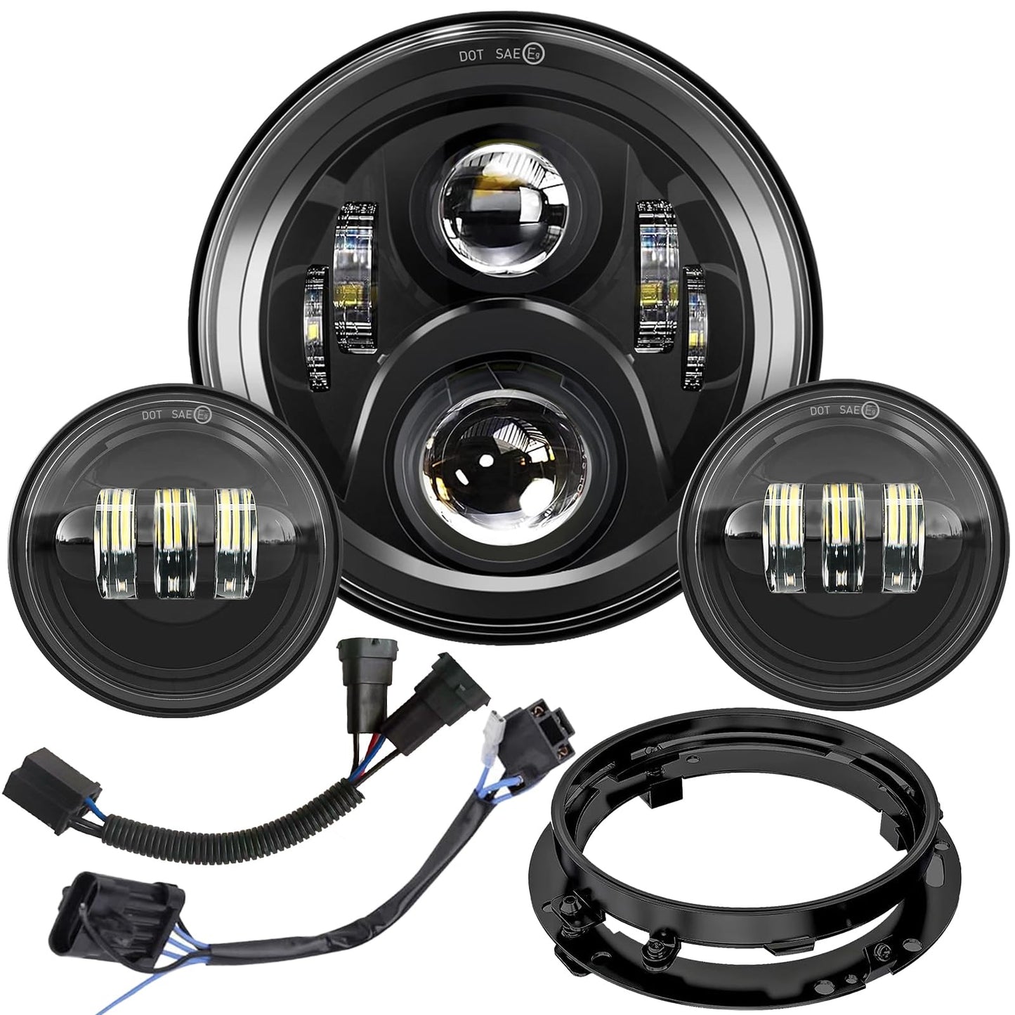 7 inch Motorcycle LED Headlight 4.5" Fog Passing Lights DOT Kit for Harley Davidson Road King Fat Boy Street Electra Glide Ultra CVO Tri Heritage Softail Deluxe Classic Switchback Headlights Black