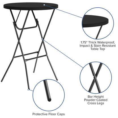 Flash Furniture Elon Round Folding Bar Height Table for Parties and Commercial Events, Indoor/Outdoor Plastic Bar Height Folding Table, 32", Set of 4, Black