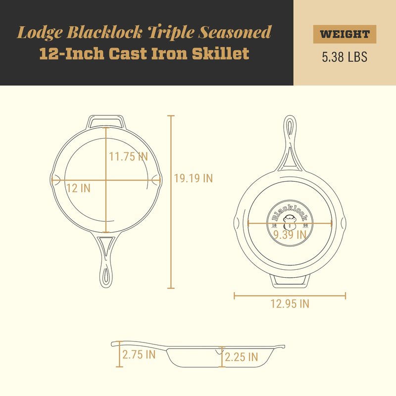 Lodge Blacklock 12" Triple Seasoned Cast Iron Skillet - Lightweight - Easy Cleanup - Premium Cookware