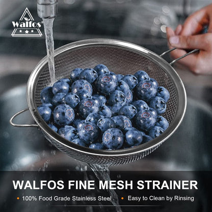 Walfos Fine Mesh Strainers Set, Premium Stainless Steel Colanders and Sifters, with Reinforced Frame Sturdy Handle, Perfect for Sift, Strain, Drain Rinse Vegetables, Pastas Tea - 3 Sizes