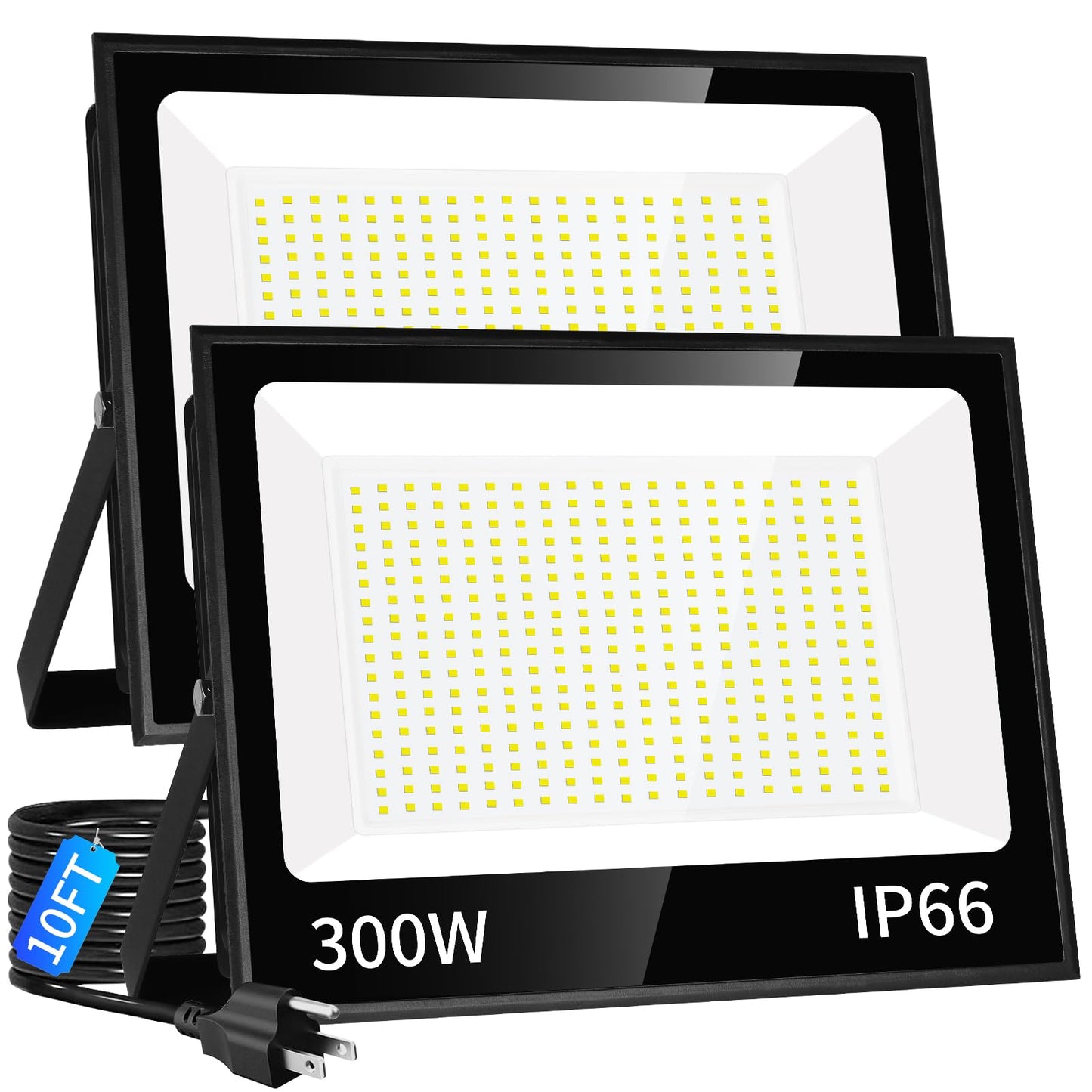 ISUERFY 300W LED Flood Light Outdoor with Plug, 36000LM Ultra Brighter Security Light, IP66 Waterproof Exterior Plug in Floodlight, 5000K Daylight White for Lawn Yard Garden Stadium(2 Pack)
