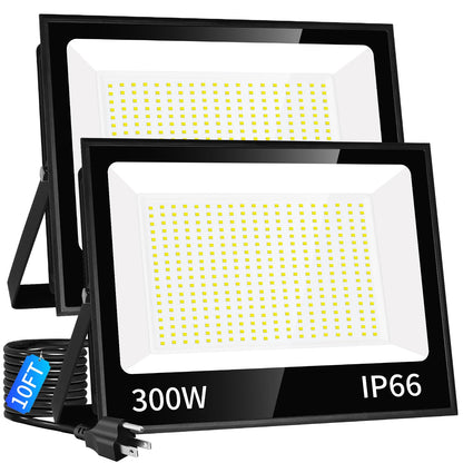 ISUERFY 300W LED Flood Light Outdoor with Plug, 36000LM Ultra Brighter Security Light, IP66 Waterproof Exterior Plug in Floodlight, 5000K Daylight White for Lawn Yard Garden Stadium(2 Pack)