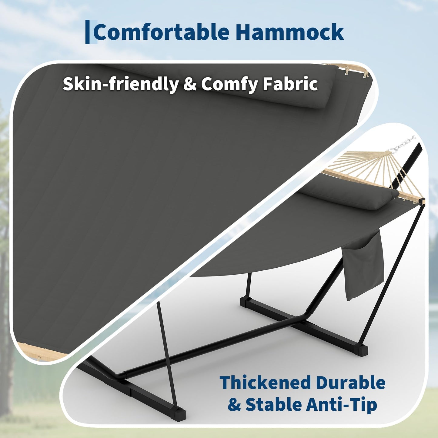 Double Hammock with Stand - Heavy Duty Portable 2 Person Design with Adjustable Steel Stand, Max 450LBS, Ideal for Outdoor Patio, Garden, Beach & Backyard