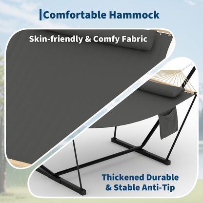Double Hammock with Stand - Heavy Duty Portable 2 Person Design with Adjustable Steel Stand, Max 450LBS, Ideal for Outdoor Patio, Garden, Beach & Backyard