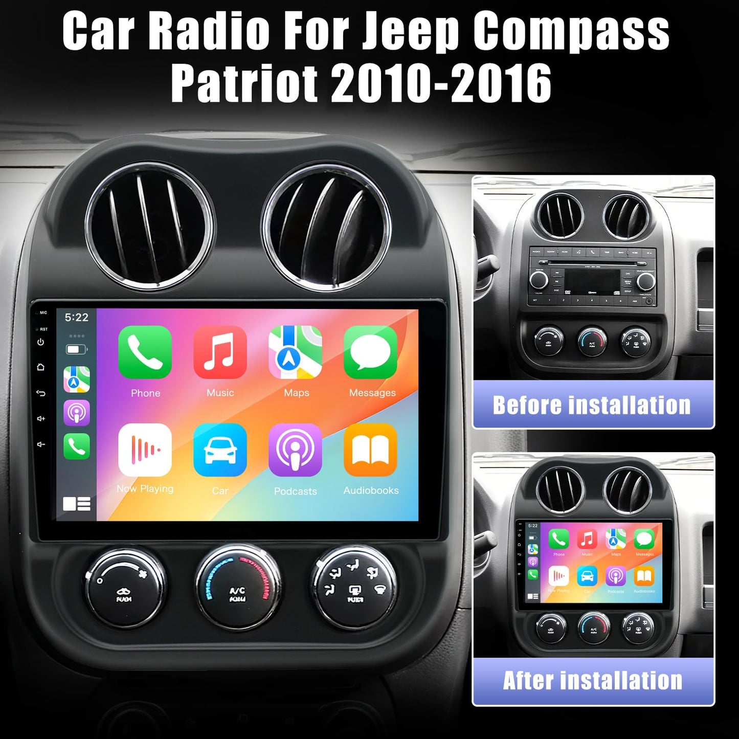 8 Core 4+64G Android 14 Car Stereo Radio for Jeep Compass Patriot 2010-2016, 10" IPS HD Touch Screen Radio with Wireless CarPlay&Android Auto/Bluetooth/WiFi/GPS/AHD Backup Camera/SWC/FM/USB