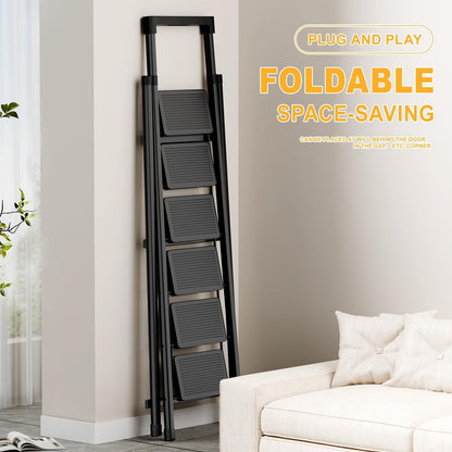 7 Step Ladder with Platform, Folding Step Stool Heavy Duty, Portable Step Ladders with Anti-Slip Widen Pedals, Handrail, Safe-Lock Design, Tall Kitchen/Closet Step Ladder for Adults,Carbon Steel