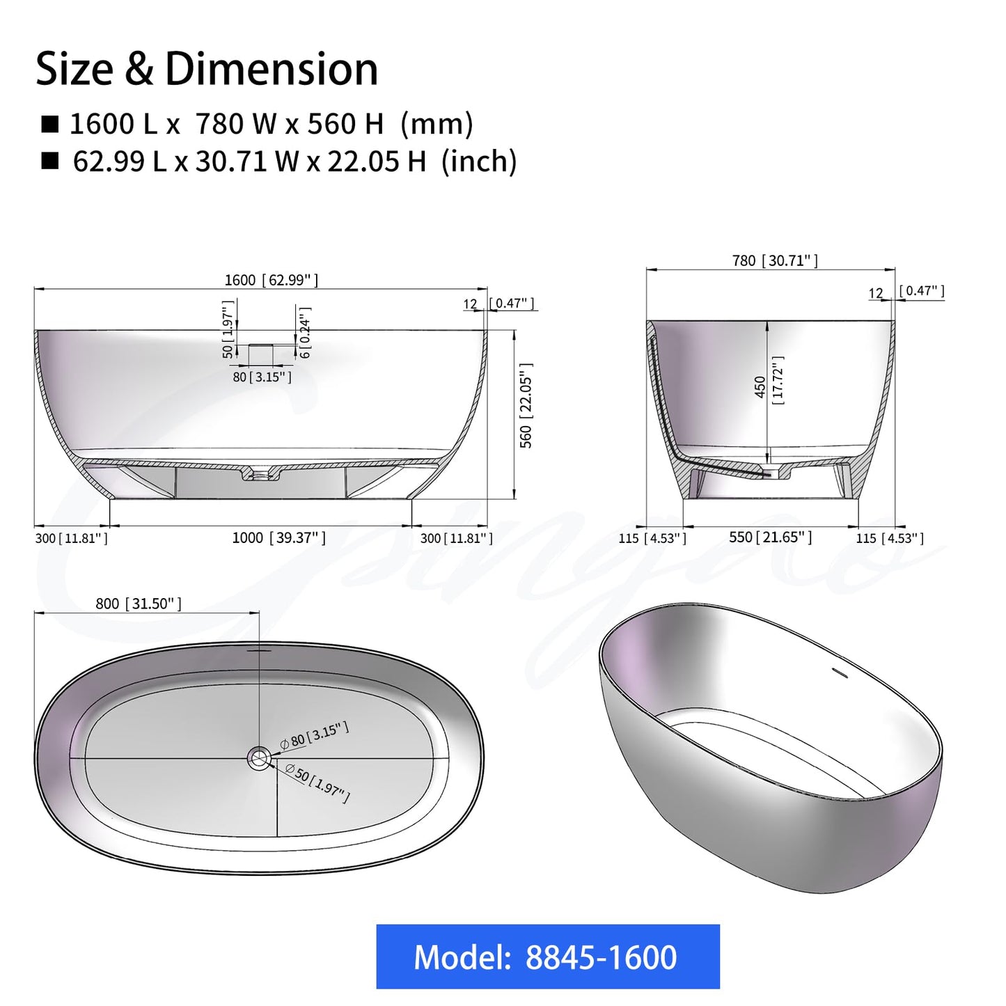 Cpingao 63" Solid Surface Freestanding Bathtub, Modern Oval Shape Soaking Tub, Stone Resin Stand Alone Bathtub with Drain & Integrated Slotted Overflow Matte White 8845-1600