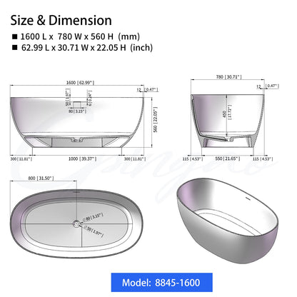 Cpingao 63" Solid Surface Freestanding Bathtub, Modern Oval Shape Soaking Tub, Stone Resin Stand Alone Bathtub with Drain & Integrated Slotted Overflow Matte White 8845-1600