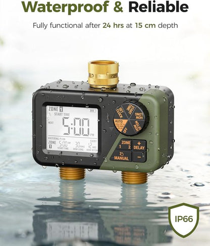 Diivoo Brass Sprinkler Timer - 2-Zone IP66 Waterproof Programmable Hose Timer | Large Display & Rain Delay for Garden Irrigation
