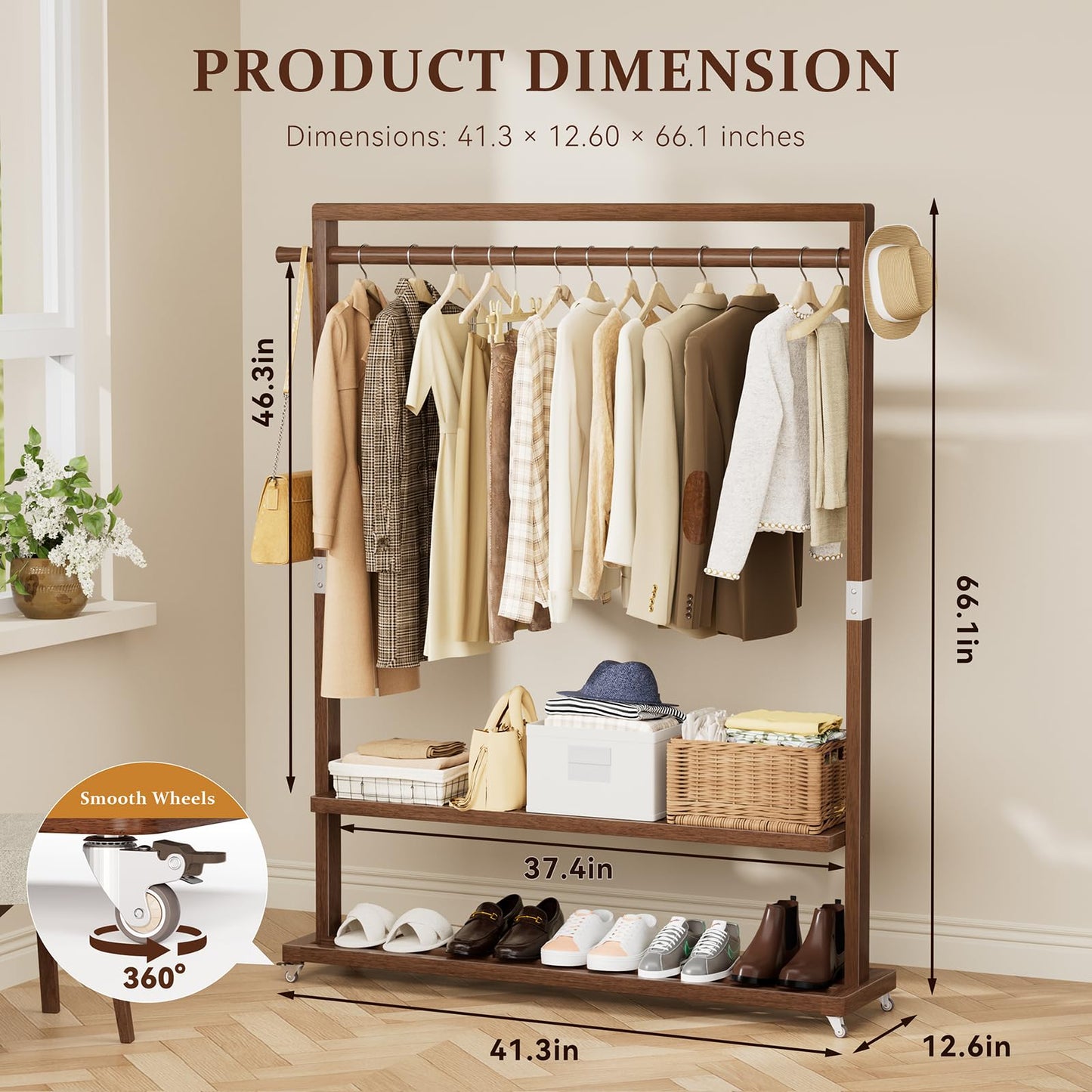 Wamhom Solid Wood Clothes Rack with Wheels | 3-in-1 Freestanding Garment Rack & Coat Tree, Extra-Long Rod, Two Shelves, 220 lb Load | Organizer for Bedroom & Entryway
