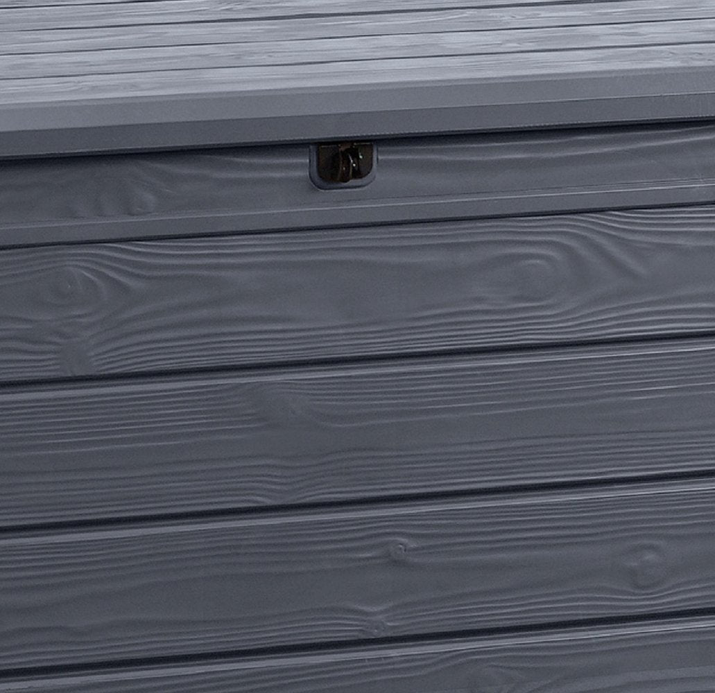Keter Brightwood 120 Gallon Resin Large Deck Box for Patio Garden, Outdoor Cushion Storage, Pool Accessories, Tools, Grey