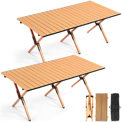 Suzile 4FT Folding Camping Table, Roll Up Portable Camp Table with Carry Bag, Low Collapsible Lightweight Aluminum Outdoor for Camping, Picnic, Beach, Patio, Kitchen (Yellow Wood Color)