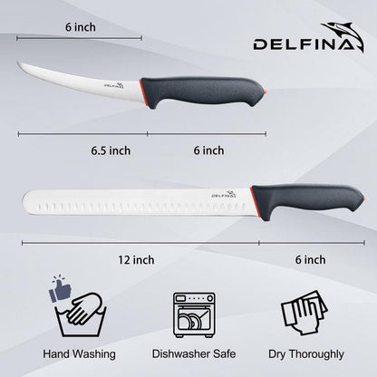 DELFINA Professional 2 Piece BBQ & Butcher Knife Set, Japanese Style Premium Stainless Steel Chef Knife Set W/SoftGrip Handle, Multi-Purpose Slicing & Boning Knife Set for Kitchen Home Restaurant