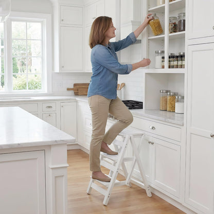Step Stool for Adults/Step Ladder/Counter Chair, 3-Step Folding Portable Wooden Step Stool, Anti-Slip & Lightweight (White)