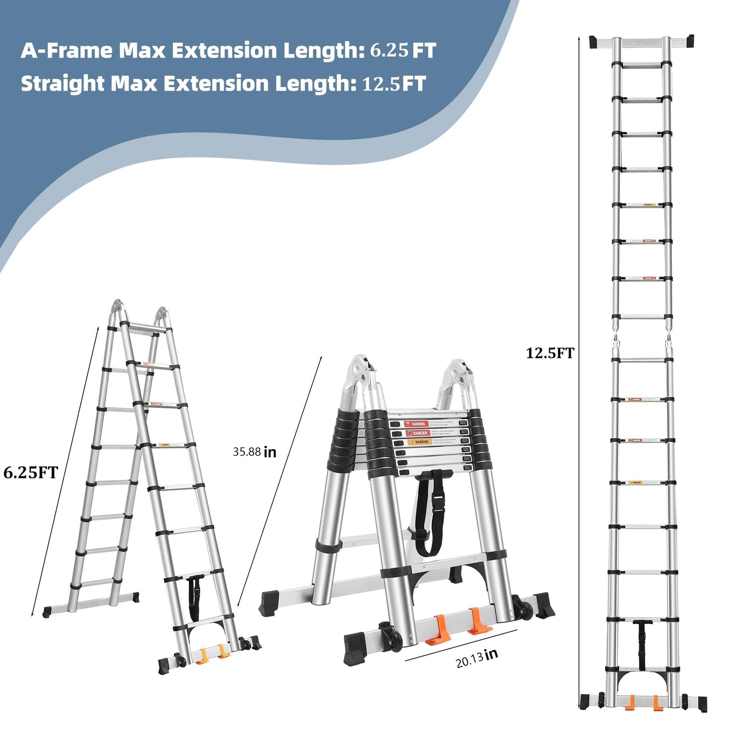 Telescoping Ladder A Frame 12.5 FT, Extension Ladder with Balance Bar & Stabilizers, Collapsible Foldable Ladder for Indoor & Outdoor & Rvs, Multi-Position Compact Ladder for Home, 330lbs Capacity