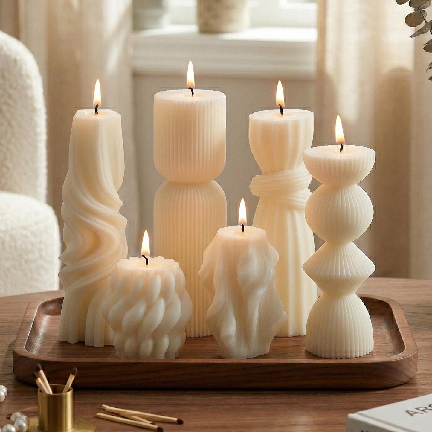 6 Pcs Small Handmade Ribbed Pillar Candle Set, Soy Wax Modern Home Decor for Living Room Bedroom, Aesthetic Table & Shelf Decor, Perfect Housewarming Gift (White, Small)