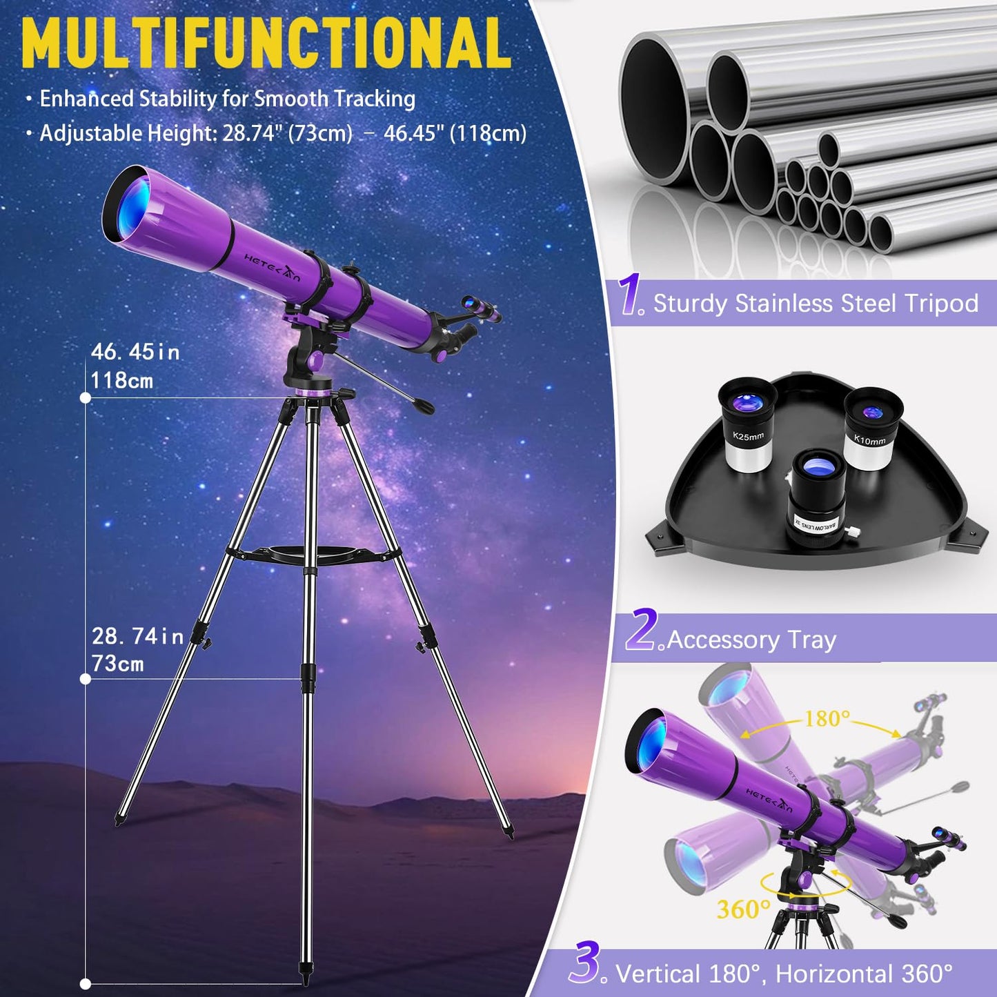 HETEKAN Telescope, Telescope for Adults High Powered, 90mm Aperture 1000mm Astronomical Refractor Telescopes for Beginners, Magnification 500X, with Three Eyepieces, Phone Adapter & Carrying Bag