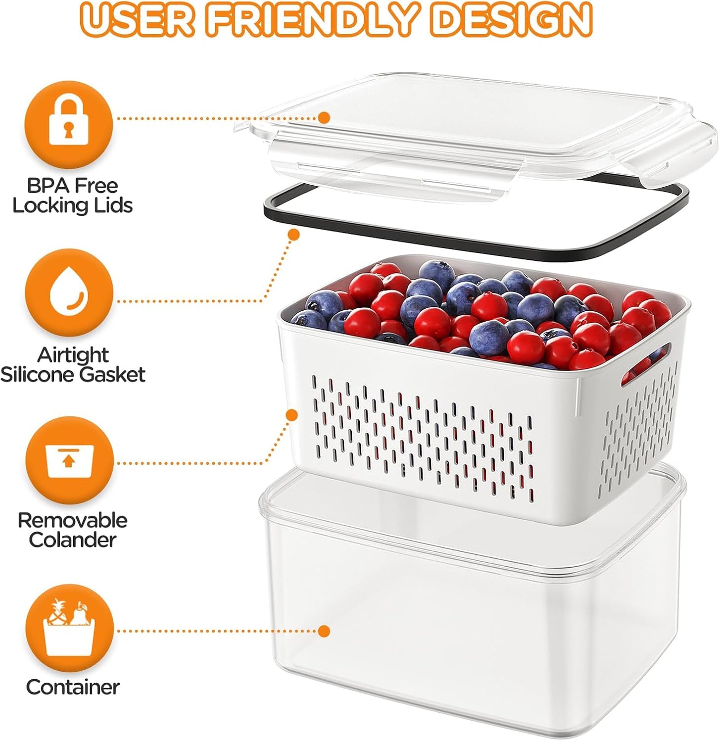 Skiennix 6-Piece Fruit Storage Containers - Leakproof Design with Removable Colanders for Fresh Produce