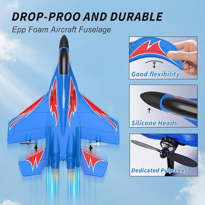 Foam Remote Control Wireless Airplanes RC Planes Remote Control Fighter Toys 2CH 2.4Ghz RC Fighter Jet with Light Hobby Rc Airplanes Easy to Fly for Kids Boys Adults(Blue)