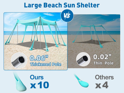 Beach Tent Sun Shelter, 13x10FT Beach Shade Canopy with 10 Sandbags, UPF50+ Outdoor Beach Canopy for Camping Trips, Fishing, Backyard - Sand Shovel, Ground Pegs & Stability Poles