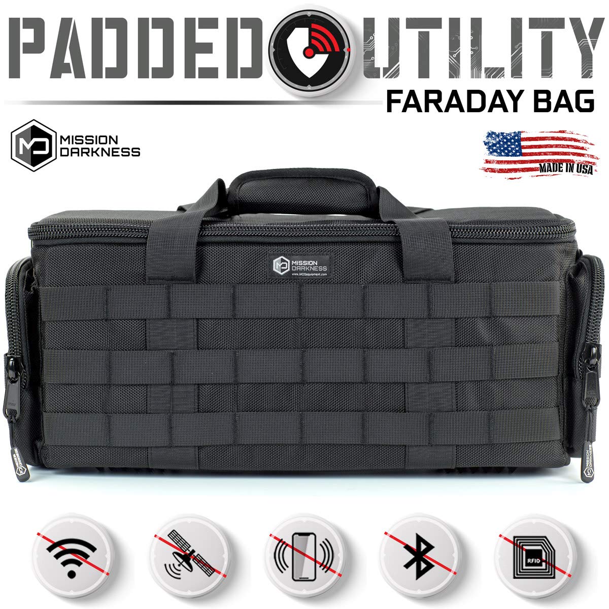 Mission Darkness Padded Utility Faraday Bag // Tactical Gear Bag with MOLLE Webbing and RF Signal Blocking Liner // Shields Delicate Electronics (Night Vision Goggles, Scopes, Cameras, Optics, Phones)