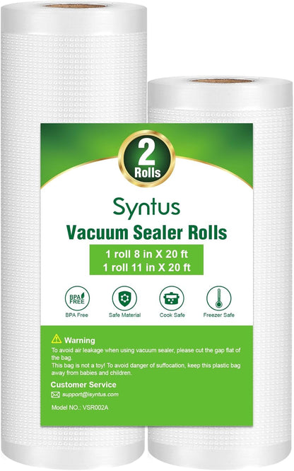 Syntus Vacuum Sealer Bags - Commercial Grade Food Storage Rolls | 2 Pack: 11" x 20' & 8" x 20'