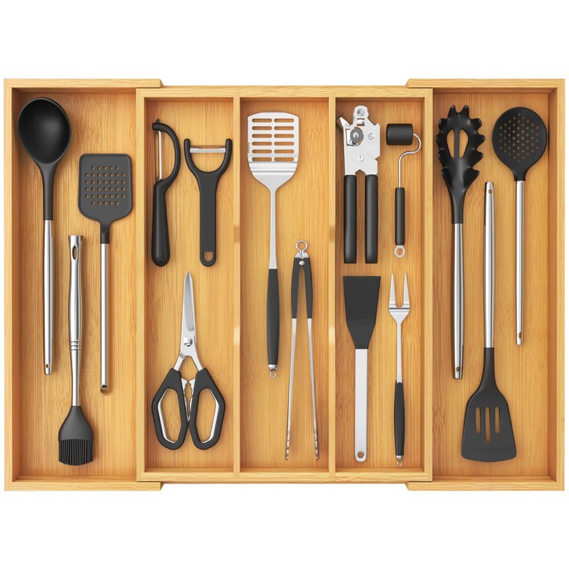 Lifewit Utensil Organizer for Kitchen Drawer, Expandable Cooking Utensil Tray, Cutlery Silverware Flatware Holder, Wood Adjustable Spatula Tools Storage Divider, 15.6-28 x 18.5, Natural