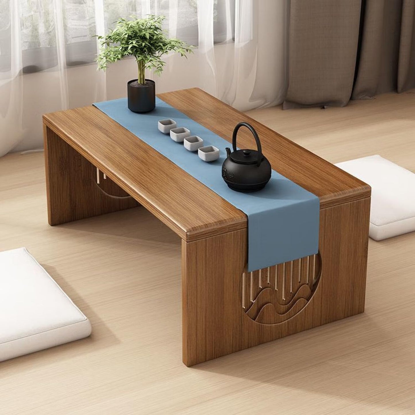 teyeard Japanese Folding Coffee Table, Foldable Low Coffee Tables, Bamboo Floor Table Desk for Sitting on The Floor, No Assembly, Portable Living Coffee Table (39.4 Inch)
