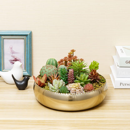 MyGift 11-inch Shiny Brass Toned Metal Round Planter Bowl with Pebbled Rim, Shallow Bowl Succulent Pot - Handcrafted in India