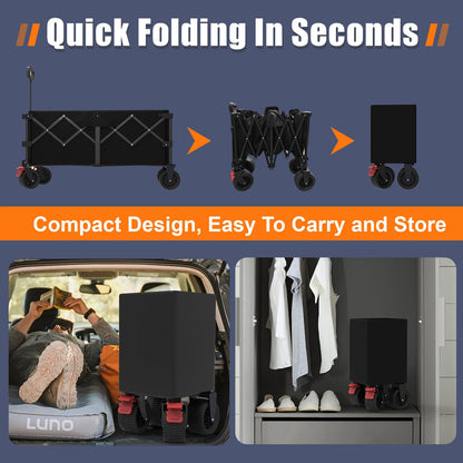 41" L Collapsible Large Wagon Cart Foldable, 460LB Weight Capacity 220L Heavy Duty Folding Beach Wagons with Big All-Terrain Wheels, Utility Carts for Camping, Garden, Shopping, Sports, Black