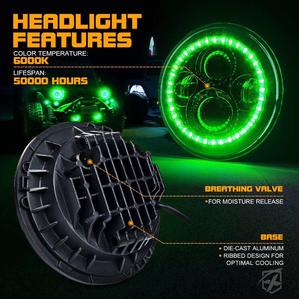 Xprite 7" 90W LED Headlights & 4 Inch 60W Fog Lights Combo w/Green Halo Angel Eye Compatible with 2007-2018 Jeep Wrangler JK, DOT Approved