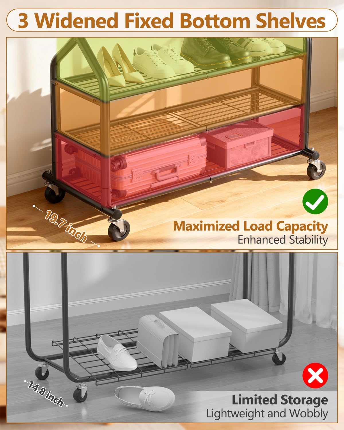 EAGMAK Heavy Duty Clothes Rack Load 686 LBS, Rolling Clothing Rack with 3 Shelves, Height Adjustable Metal Coat Racks, Portable Garment Closet Wardrobe Organizer with Wheels for Hanging Clothes, Black