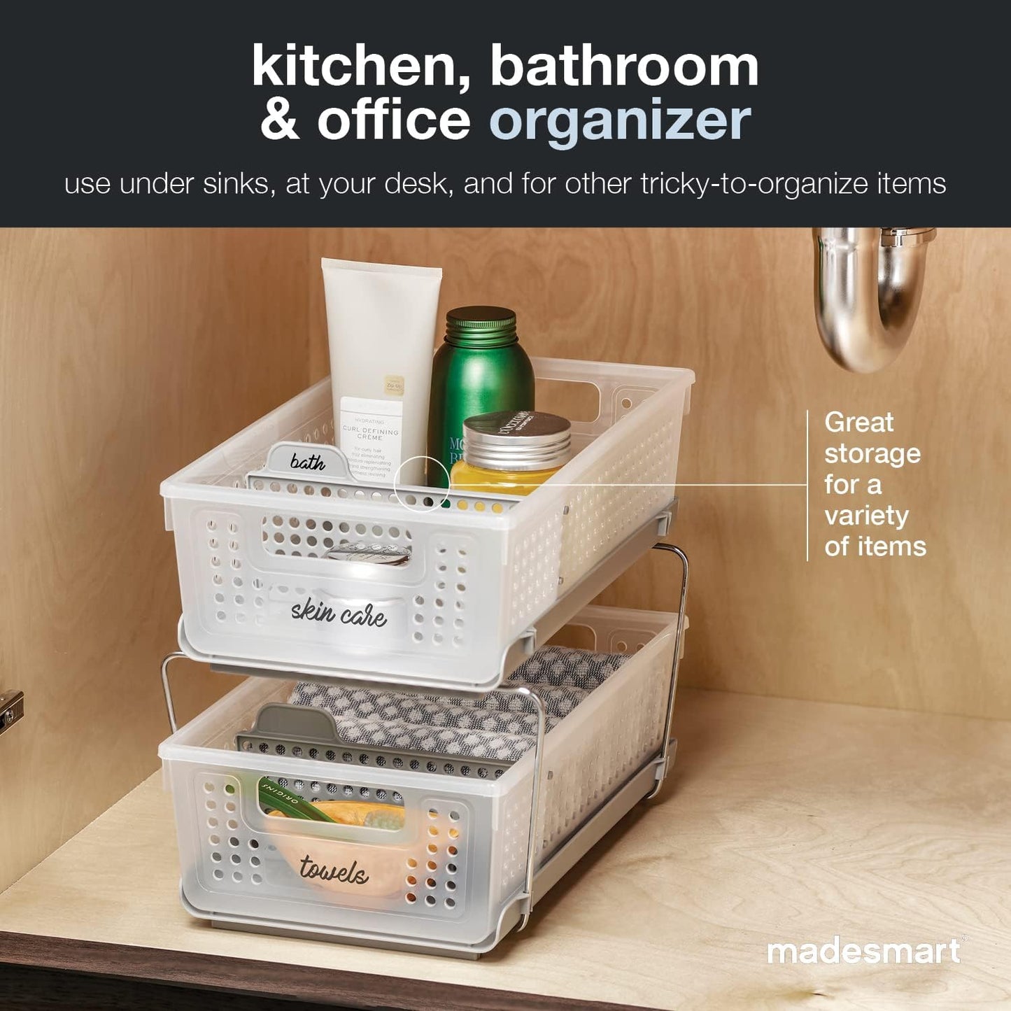 Madesmart 2-Tier Bath Organizer - Undersink Storage with Sliding Drawers & Adjustable Dividers - Frost