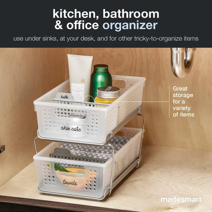 Madesmart 2-Tier Bath Organizer - Undersink Storage with Sliding Drawers & Adjustable Dividers - Frost