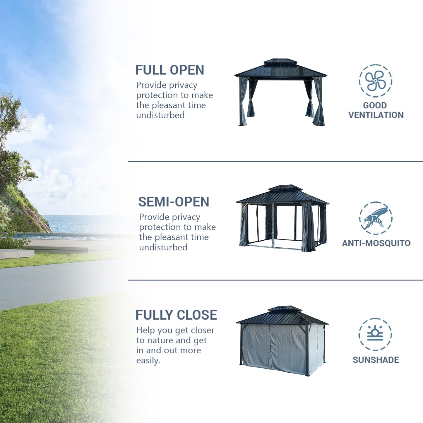 KEIKI 12 * 12FT Permanent Hardtop Gazebo with Netting and Curtains, Double Roof Waterproof Pergola Sunshade Pavilion for Outdoor Patio Lawn Backyard and Garden, Aluminum Frame Galvanized Steel Canopy