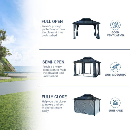 KEIKI 12 * 12FT Permanent Hardtop Gazebo with Netting and Curtains, Double Roof Waterproof Pergola Sunshade Pavilion for Outdoor Patio Lawn Backyard and Garden, Aluminum Frame Galvanized Steel Canopy