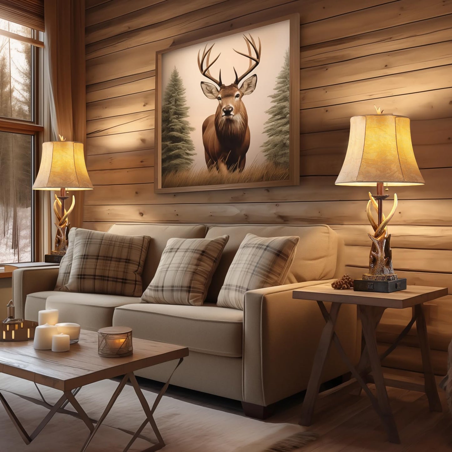 BOWOBO Antler Table Lamps Set of 2 with USB A+C Ports for Bedroom Farmhouse Deer Rustic Bedside Lamps with Faux Leather Bell Shade for Living Room End Table Hunting Themed Cabin Lamp Pull Chain