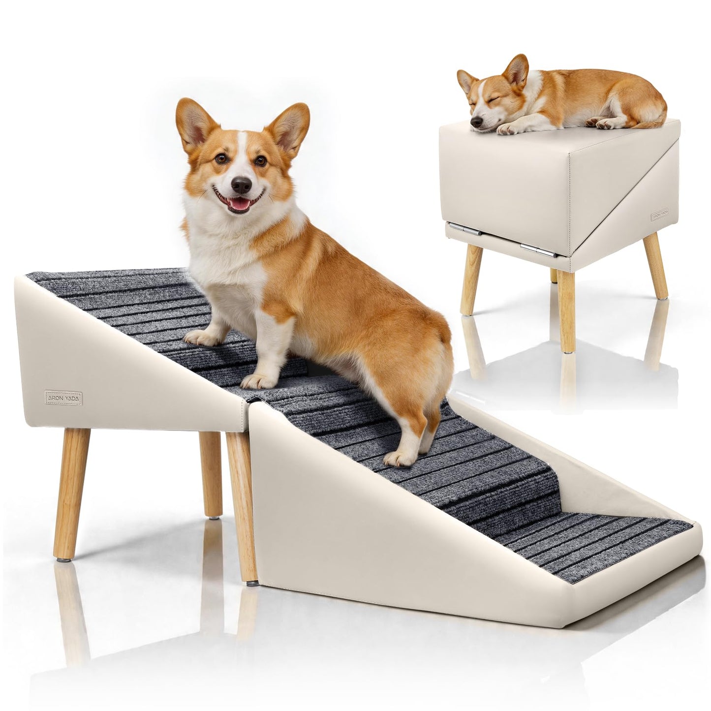 Dog Stairs for Small Medium Large Dogs, Cats, Puppies, Seniors & Injured Pets, 17" H 4-Step Foldable 2-in-1 Solid Wood Pet Steps & Split Ottoman, Non-Slip Dog Ramp for Couch Sofa Low Bed, Holds 250LBS